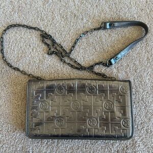 Metallic silver Tory Burch crossbody bag